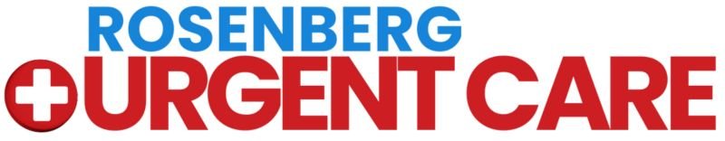 Logo for Rosenberg Urgent Care with the text in blue and red. A white medical cross inside a red circle is located next to the word Urgent.